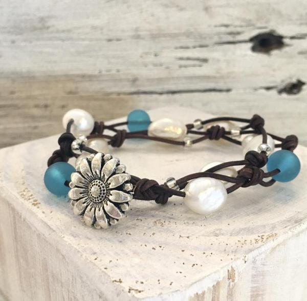 Sea Glass & Pearl Leather Wrap Bracelet picture