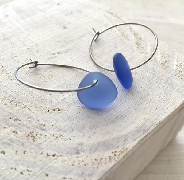 Cornflower Blue Sea Glass Drop Hoop Earrings picture