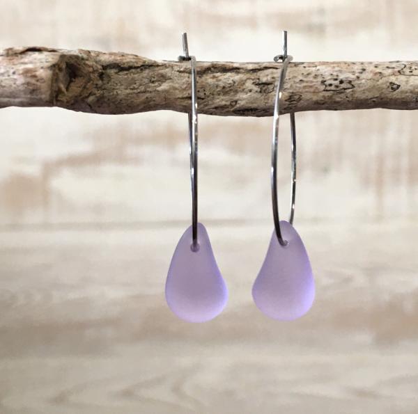 Purple Sea Glass Drop Hoop Earrings
