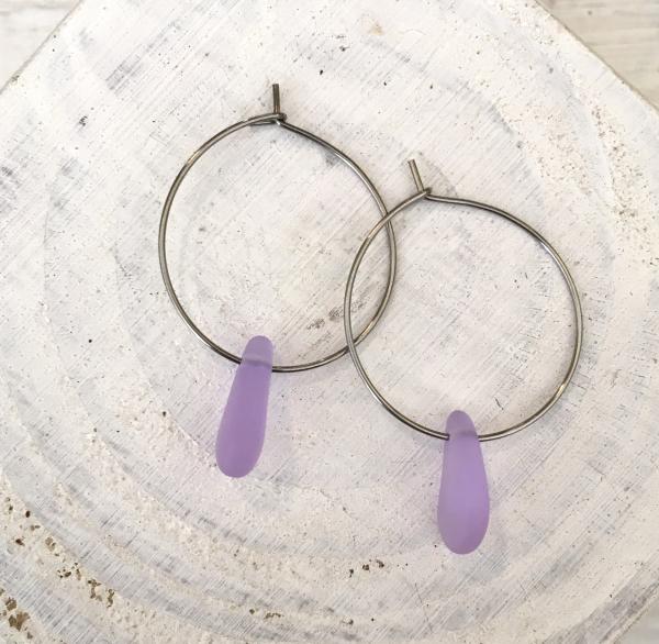 Purple Sea Glass Drop Hoop Earrings picture