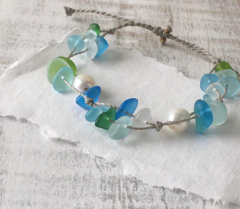 Costa Sol Sea Glass and Freshwater Pearl Bracelet or Anklet picture