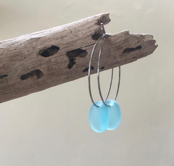 Aqua Blue Sea Glass Drop Hoop Earrings picture