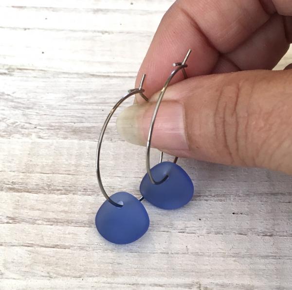 Cornflower Blue Sea Glass Drop Hoop Earrings picture