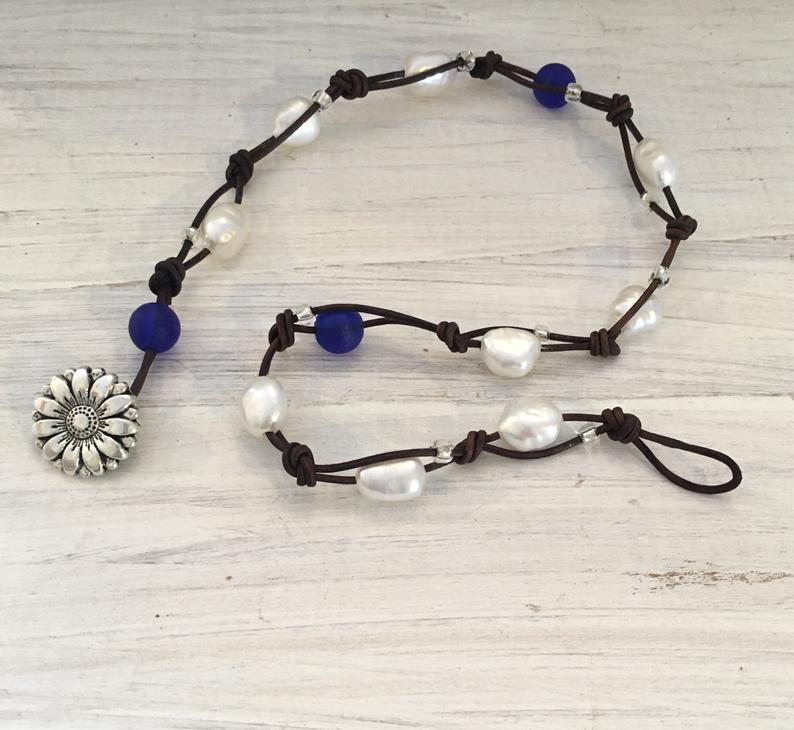 Sea Glass & Pearl Leather Wrap Bracelet picture