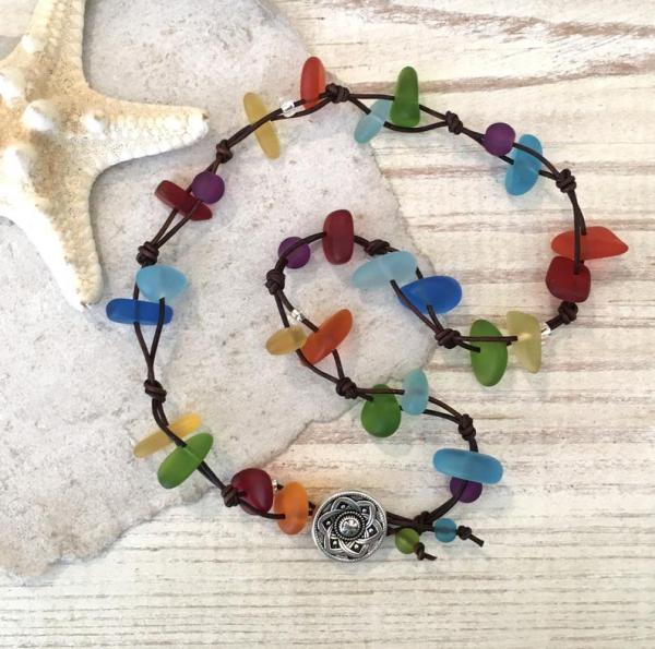 Leather Rainbow Sea Glass Wrap Bracelet picture