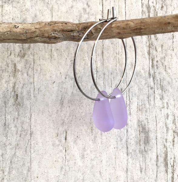 Purple Sea Glass Drop Hoop Earrings picture