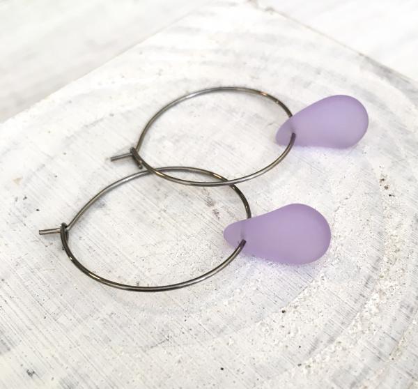 Purple Sea Glass Drop Hoop Earrings picture