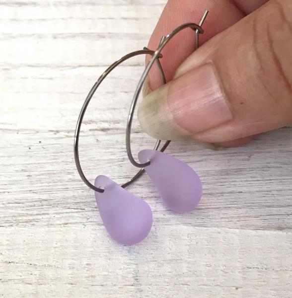 Purple Sea Glass Drop Hoop Earrings picture