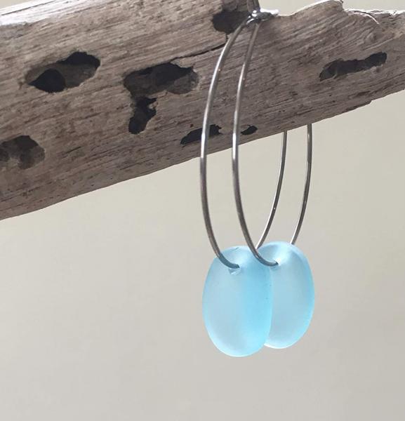 Aqua Blue Sea Glass Drop Hoop Earrings picture