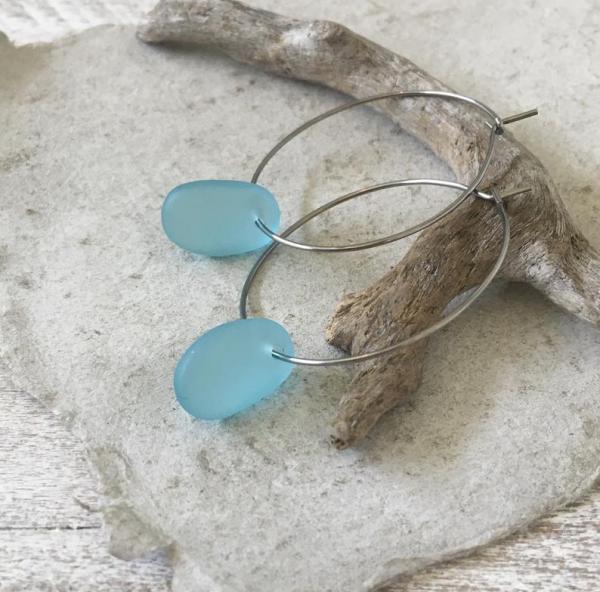 Aqua Blue Sea Glass Drop Hoop Earrings picture