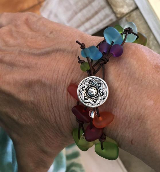 Leather Rainbow Sea Glass Wrap Bracelet picture