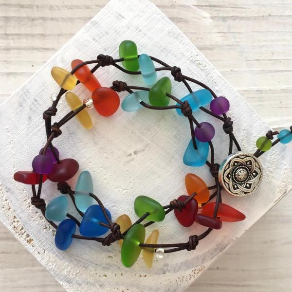 Leather Rainbow Sea Glass Wrap Bracelet picture