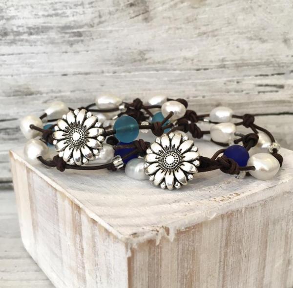 Sea Glass & Pearl Leather Wrap Bracelet