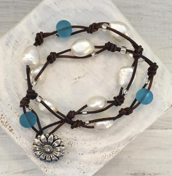 Sea Glass & Pearl Leather Wrap Bracelet picture