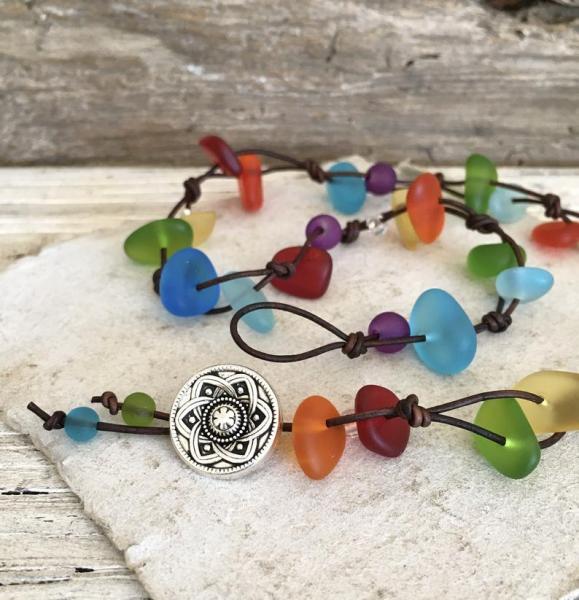 Leather Rainbow Sea Glass Wrap Bracelet picture