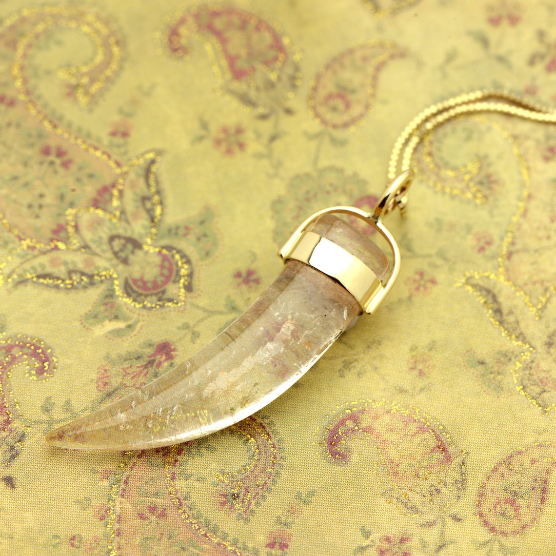 Spiritual Calming Natural Rutilated Quartz Pendant In 14k Cat's Claw picture