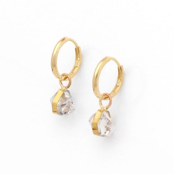 Handmade Natural Herkimer Diamond Quartz Hoop Earrings Solid 14k Gold picture