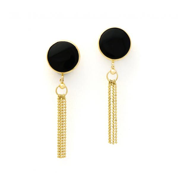 Elegant Black Jade and Gold Tassel Earrings in 14K Yellow Gold