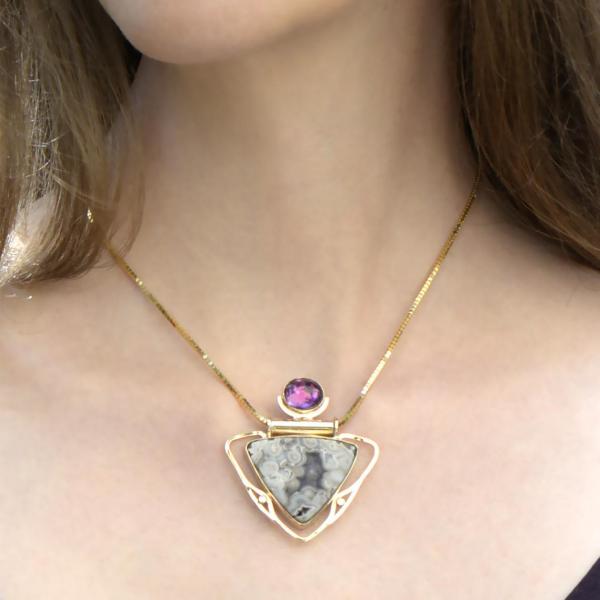 Astounding Agate With Amethyst & Diamonds Handmade In 14K picture