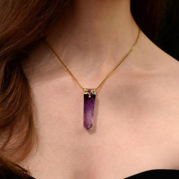 Amethyst Spiritual Crystal & Princess Cut Pink Tourmaline14k Gold OOAK picture