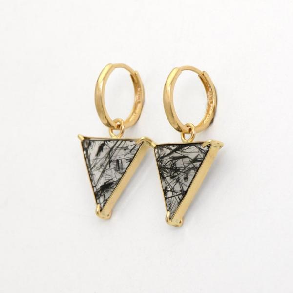 Handmade 14K Solid Gold Tourmalinated Quartz Triangle Hoop Earrings picture