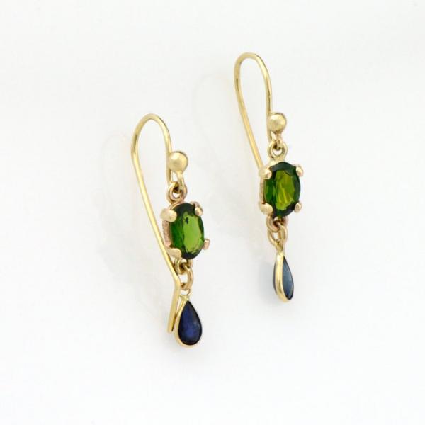 Blue Sapphire and Chrome Diopside Dangle Earrings in 14K Gold picture