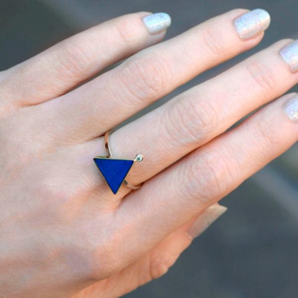 Triangle Lapis and Diamond Ring in 14K Yellow Gold picture