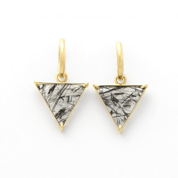 Handmade 14K Solid Gold Tourmalinated Quartz Triangle Hoop Earrings