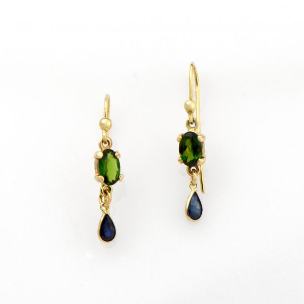 Blue Sapphire and Chrome Diopside Dangle Earrings in 14K Gold