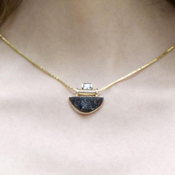 Sparkling Black Druzy In 14K Crowned With Aquamarine Ultimate Art Deco picture