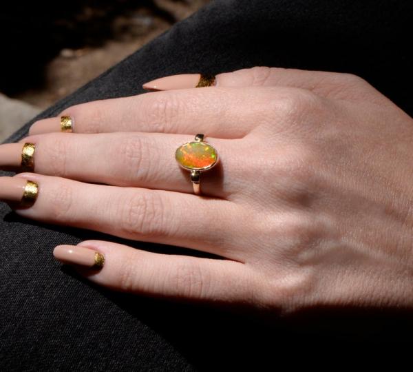Faceted Ethiopian Welo Opal 2 Sqare Dot Ring in 14K Gold picture