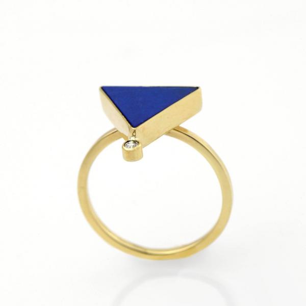 Triangle Lapis and Diamond Ring in 14K Yellow Gold