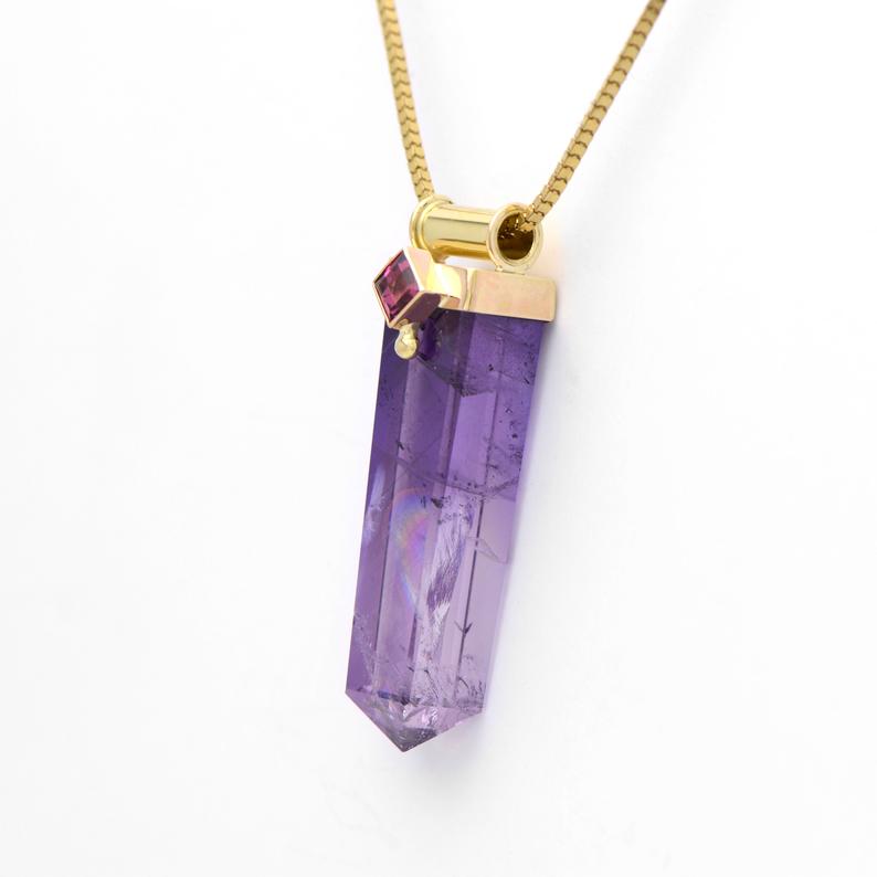Amethyst Spiritual Crystal & Princess Cut Pink Tourmaline14k Gold OOAK picture