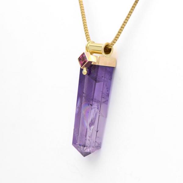 Amethyst Spiritual Crystal & Princess Cut Pink Tourmaline14k Gold OOAK picture