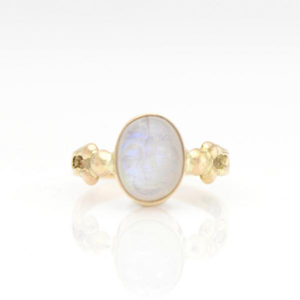 Hand Carved Buddha Face Rainbow Blue Moonstone Ring in 14k Gold