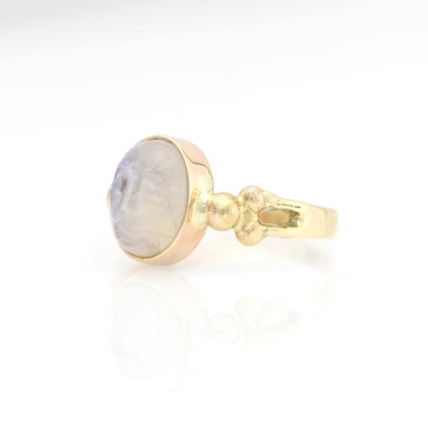 Hand Carved Buddha Face Rainbow Blue Moonstone Ring in 14k Gold picture