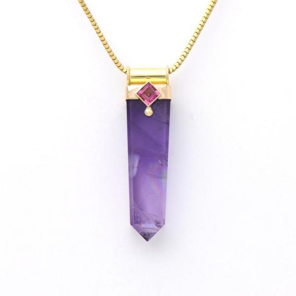 Amethyst Spiritual Crystal & Princess Cut Pink Tourmaline14k Gold OOAK picture