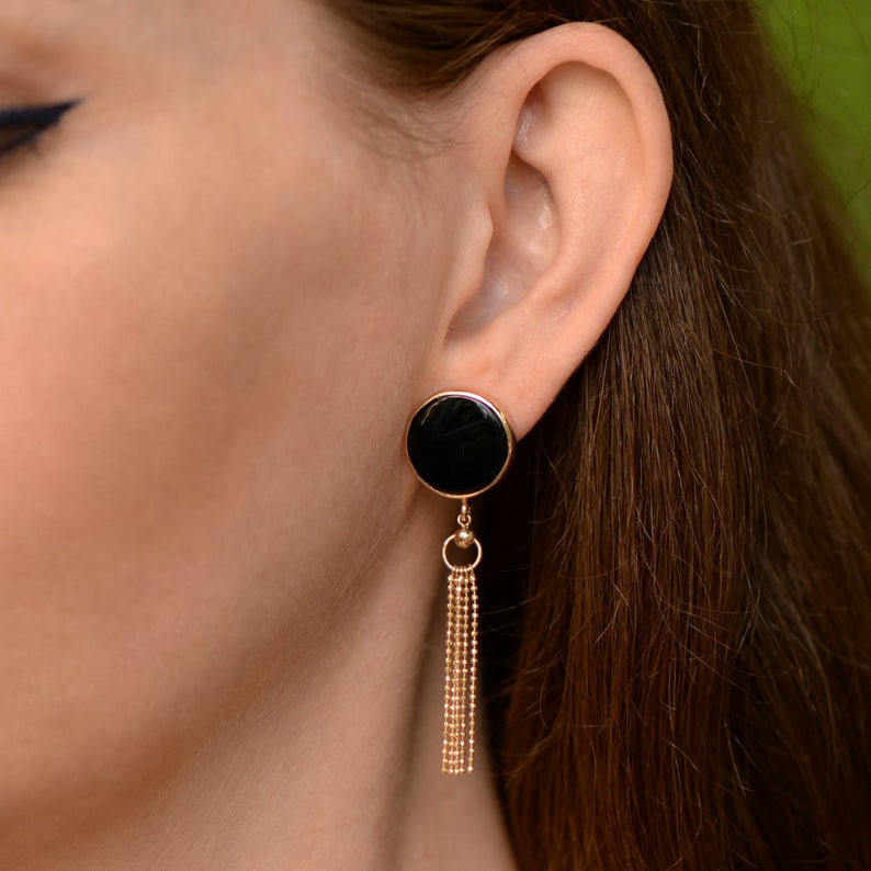 Elegant Black Jade and Gold Tassel Earrings in 14K Yellow Gold picture