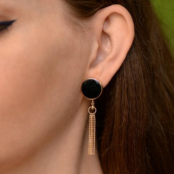 Elegant Black Jade and Gold Tassel Earrings in 14K Yellow Gold picture