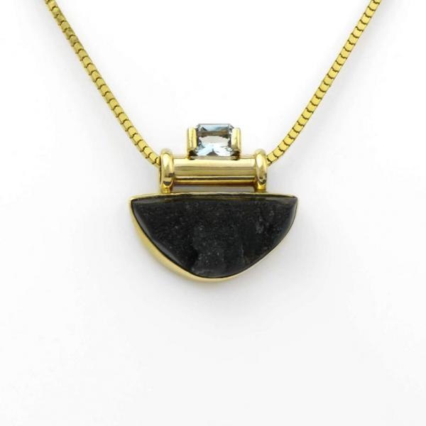 Sparkling Black Druzy In 14K Crowned With Aquamarine Ultimate Art Deco