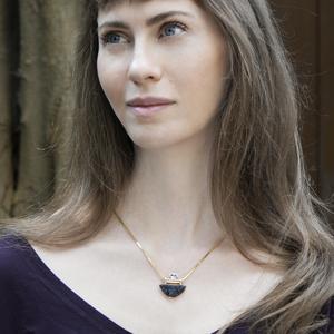 Sparkling Black Druzy In 14K Crowned With Aquamarine Ultimate Art Deco picture