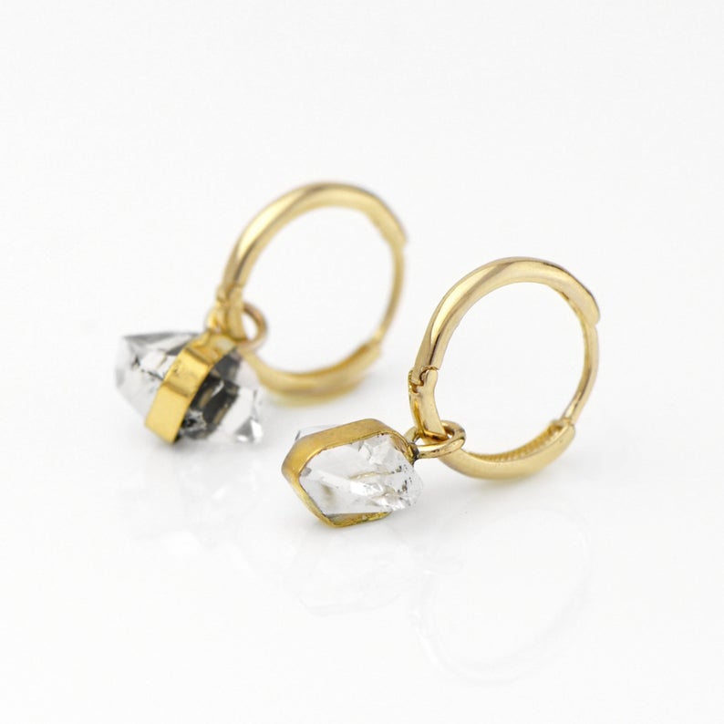 Handmade Natural Herkimer Diamond Quartz Hoop Earrings Solid 14k Gold picture