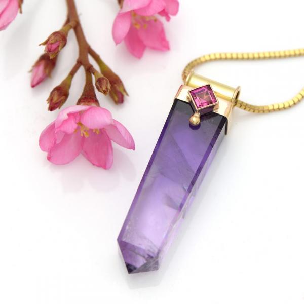 Amethyst Spiritual Crystal & Princess Cut Pink Tourmaline14k Gold OOAK picture