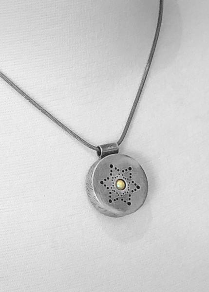 Freshwater yellow pearl, hollow formed, patterned holes, hammered oxidized silver, light weight, everyday one of a kind, pendant only