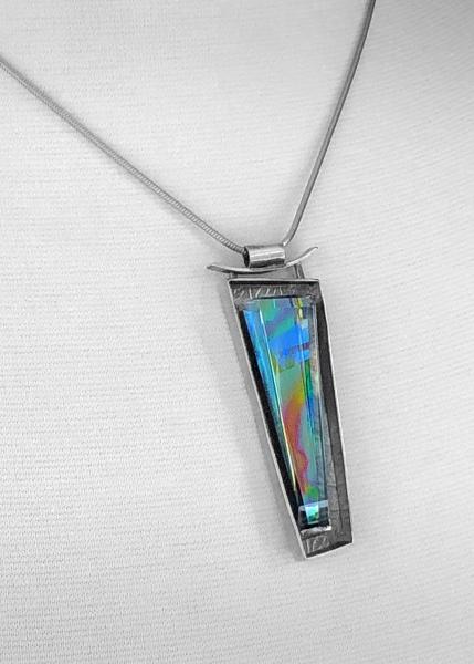 Laminated optical glass, dichroic glass, cold worked, faceted layers, roll printed, one of a kind, oxidized silver, sculptural pendant only picture