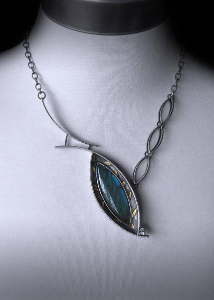 Labradorite, 22k gold accents (13), roll printed leaf, white sapphire, three leaf link chain, oxidized silver, one of a kind necklace