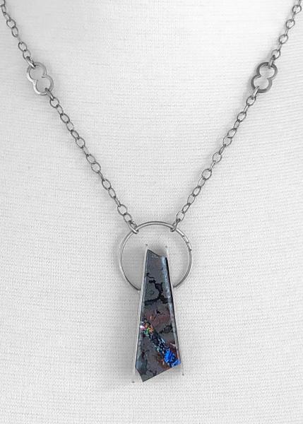 Gold leaf agate w/ pyrite married with fused dichroic glass, oxidized silver, custom chain, one of a kind necklace