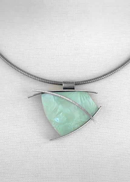 Colorful, recycled porcelain, glass crystalline glaze, statement piece, contemporary, one of a kind, oxidized silver, pendant only