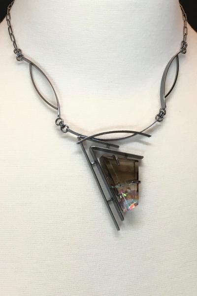 Smokey quartz (gem quality) infused w/optical & dichroic glass, cold worked, oxidized silver, one of a kind, stone and glass necklace picture