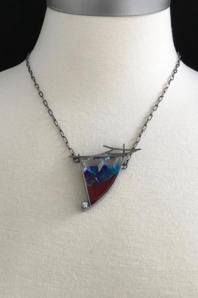 Rosarita, married with laminated optical & dichroic glass, oxidized sterling silver, white sapphire, cold worked, one of a kind necklace picture